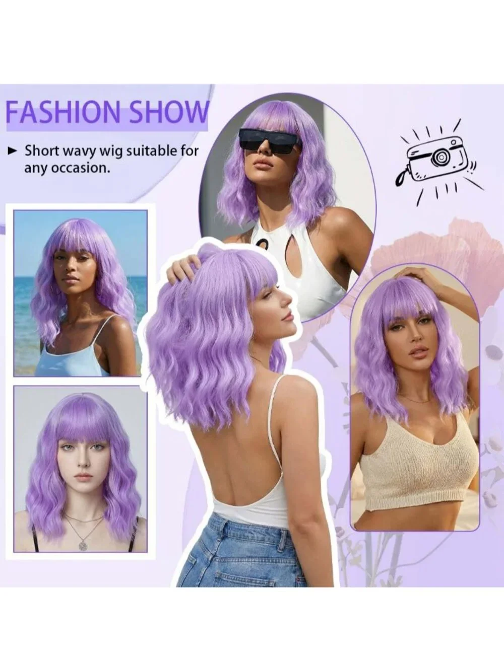 Women's Purple 14 Inch Short Shoulder Length Synthetic Bangs Wavy Bob Wig